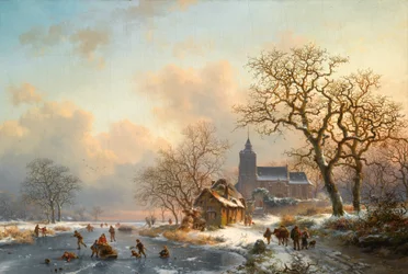 Eine Winterlandschaft mit Schlittschuhläufern auf einem zugefrorenen Fluss